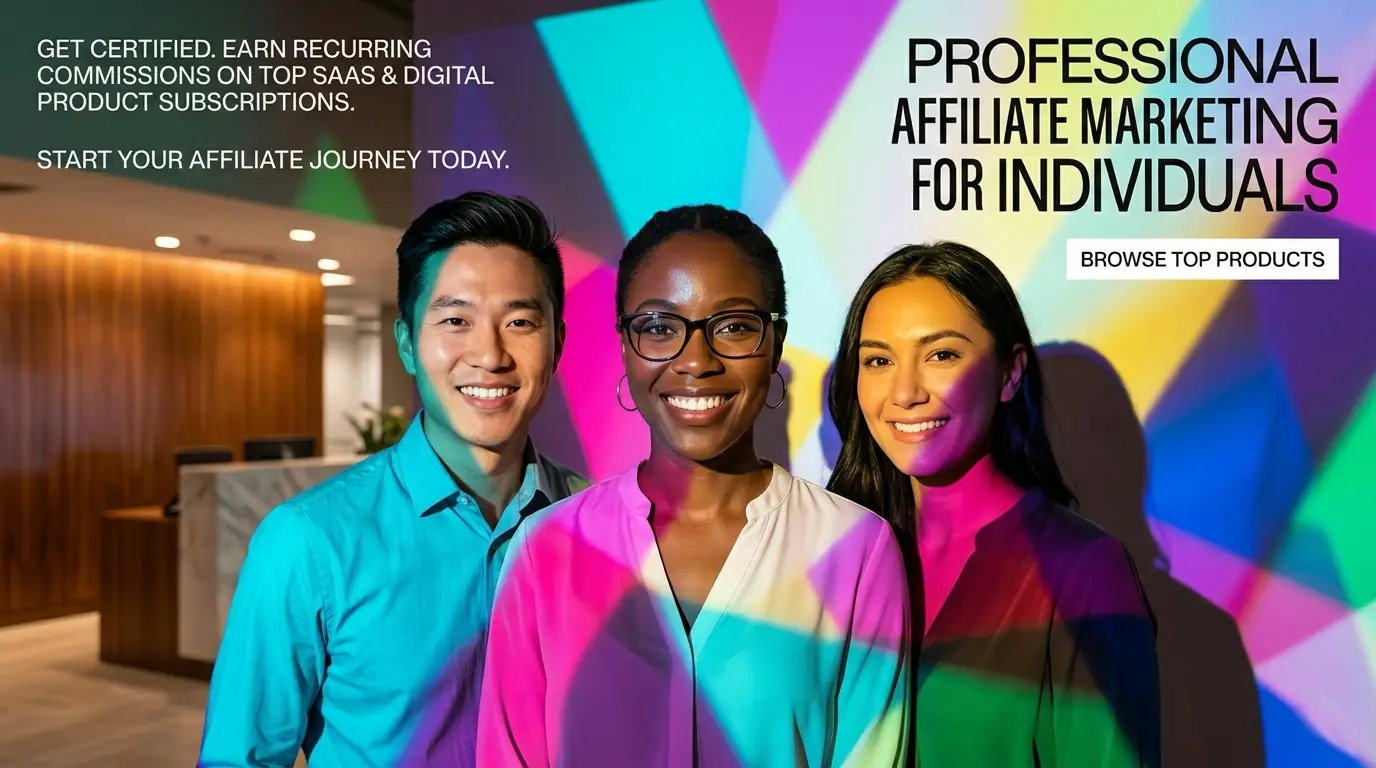 Professional affiliate marketers smiling with vibrant gradient overlay